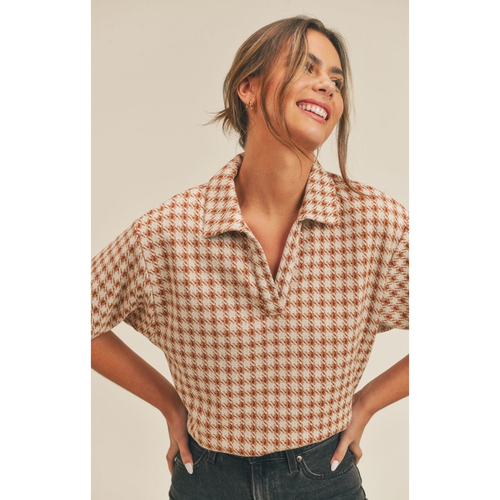 Sadie & Sage Brown Houndstooth Knit Short Sleeve Collared Polo Sweater Top Small